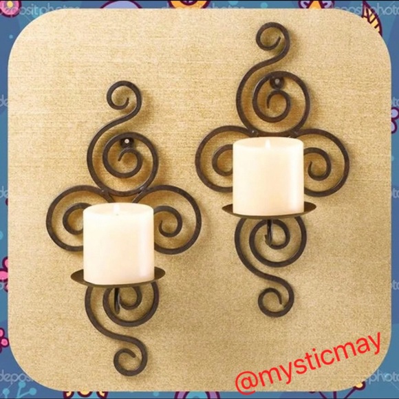 NEW Set of 13” High BLACK SCROLLWORK WALL SCONCES Pillar or Ball Candle Holders - Picture 1 of 2